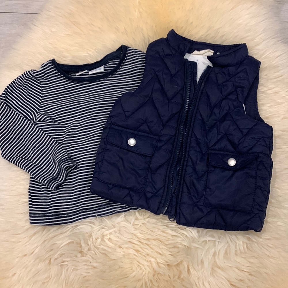 Long-Sleeve Striped Navy/White Shirt and Navy Puffer Zipper Vest 24M